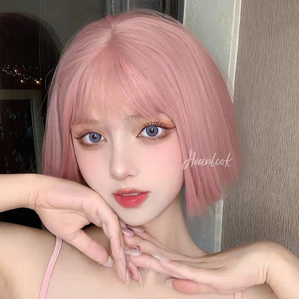 Sakura Pink Short Straight Hair Wig with Bangs