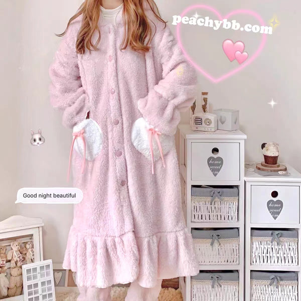 Pink Comfy Plush Bunny Ear Pajama Pyjamas Night Gown and Pants Cute Kawaii