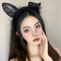 Black White Lace and Fluffy Bunny Ear Headband