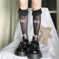Black and White with Pink Ribbons on the front Fishnet Socks Lace Edge