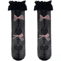 Black and White with Pink Ribbons on the front Fishnet Socks Lace Edge