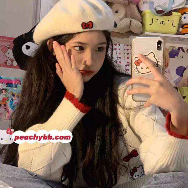 Hello Kitty Inspired Red Bow Cream White Beret Hat