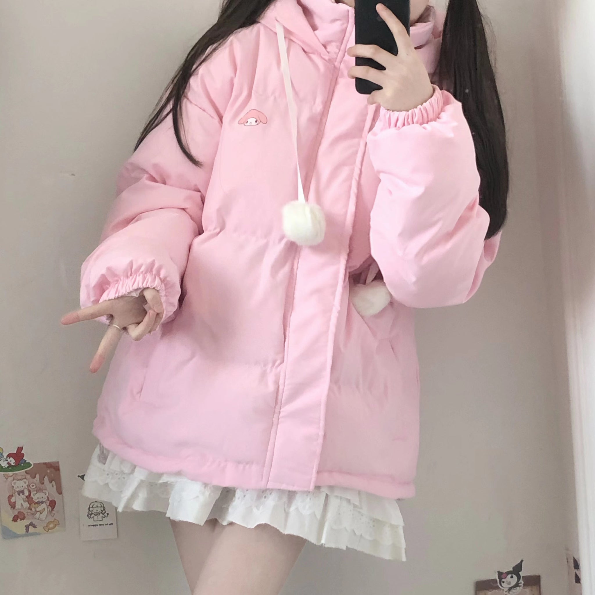 My Melody Inspired Pink Hooded Down Jacket – PeachyBaby