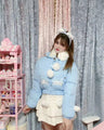 Cinnamoroll Inspired Blue Down Jacket with Plush Collar and Fluffy Ball on the Sleeve