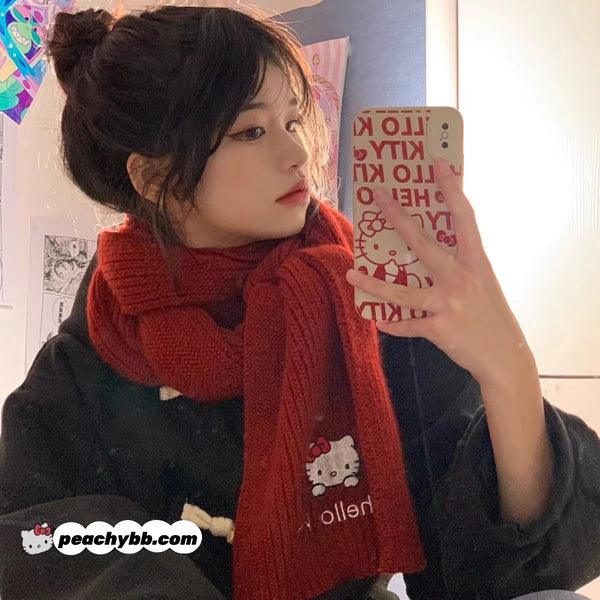 Hello Kitty Inspired Embroidered Res Knit Scarf