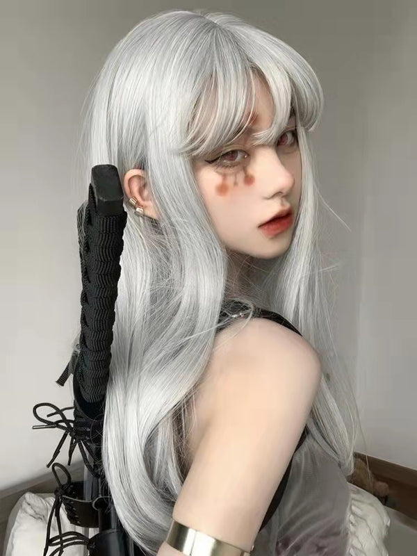 Anime Cosplay Grey Long Straight Remy Hair Wig with Bangs