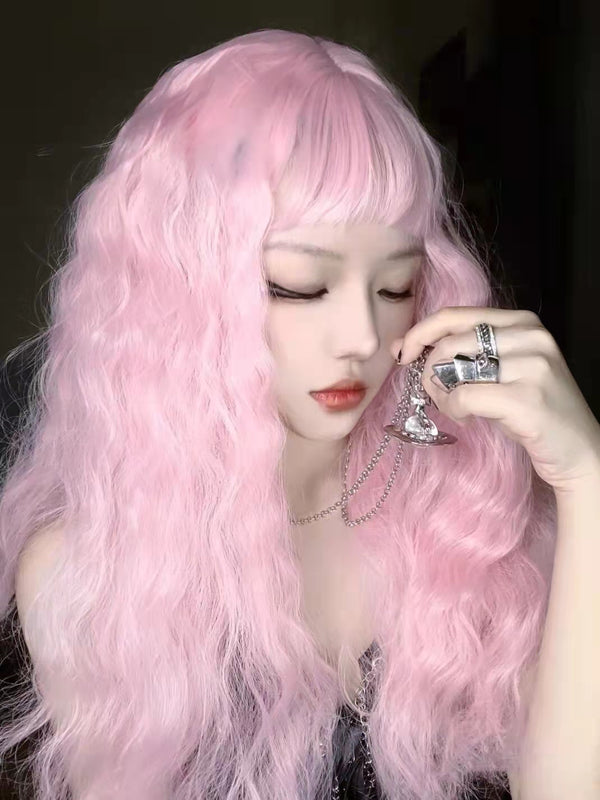 Anime Cosplay Sakura Pink Long Curly Hair Wig with Bangs