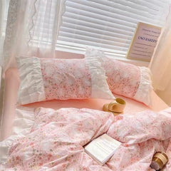 Aesthetic Pink Floral Ruffle Edge Cotton Bedding Duvet Sheet Set Singl –  PeachyBaby