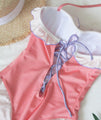 Coral Pink Ruffle Edge Bustier Swim Suit One Piece Swimwear Kawaii Cute