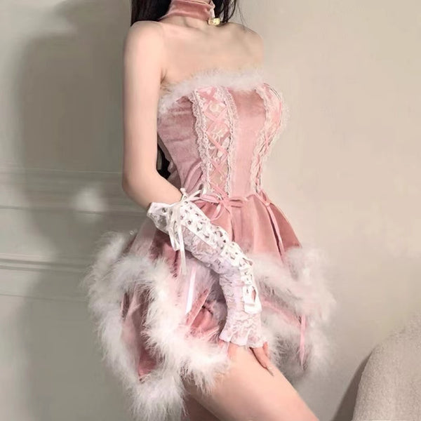 Valentine's Day Kitty Style Pink Velvet Faux-fur Trim Tiered Tube Dress Costume 5 Pcs Set