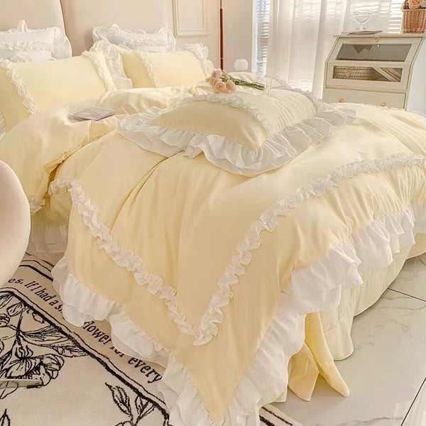 Baby Yellow Ruffle Edge Bedding Duvet Sheet Set Queen Size