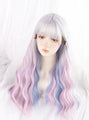 Dreamy Gradient Pastel Grey, Purple, Blue Curly Long Hair Wig Set