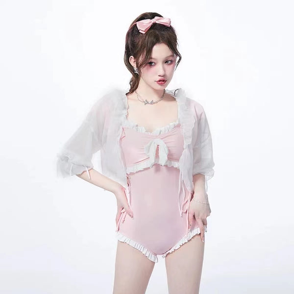 Multi-Color Lolita Ruffle Edge Bow Front Swimsuit