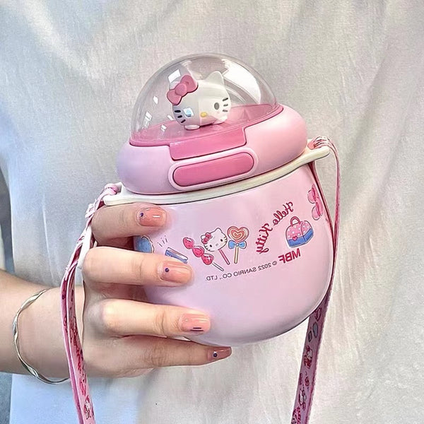 Hello Kitty Inspired Pink Water Bottle Travel Mug with Crossbody Strap