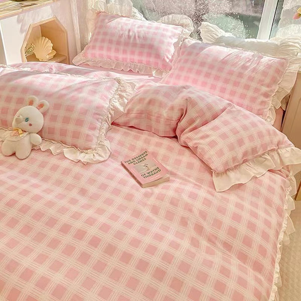 Aesthetic Pink Floral Ruffle Edge Cotton Bedding Duvet Sheet Set Singl –  PeachyBaby