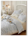 Baby Blue Daisy Pattern Ruffle Edge Cotton Duvet Sheet Set Single Twin Queen Size