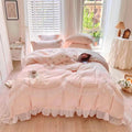 Princess Baby Pink Mesh Ruffle Edge Embroidered Bedding Duvet Sheet Set Queen King Size
