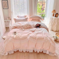 Aesthetic Pink Floral Ruffle Edge Cotton Bedding Duvet Sheet Set Singl –  PeachyBaby