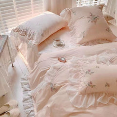 Aesthetic Pink Floral Ruffle Edge Cotton Bedding Duvet Sheet Set Singl –  PeachyBaby