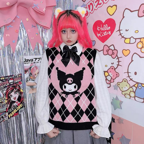 Kuromi Inspired Diamond Plaid Black and Pink Knit Vest