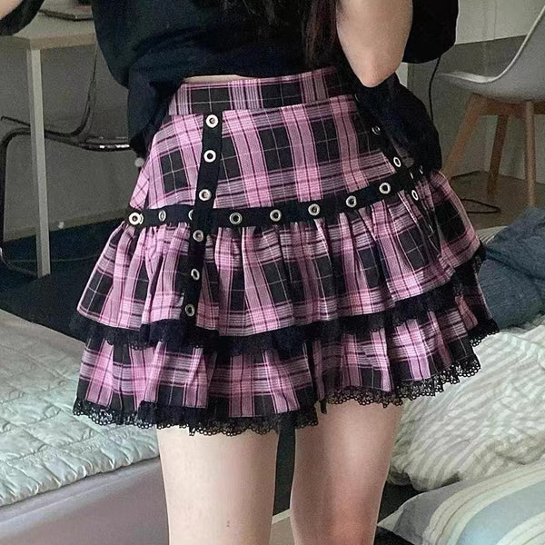 Black and Pink Lace Edge Tiered Skirt