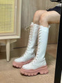 Pink and White Knee High Combat Boots