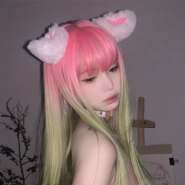 Pink and Green long Straight Hair Wig with Bangs Y2K