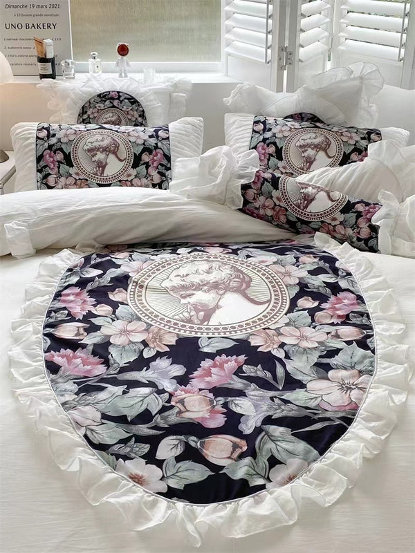 White Baroque Aesthetic Angel Floral Ruffle Trimmed Bedding Duvet Cover Sheet Set Queen Size