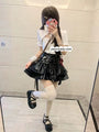 Y2K Hello Kitty Inspired Black Leather Mini Layered Skirt