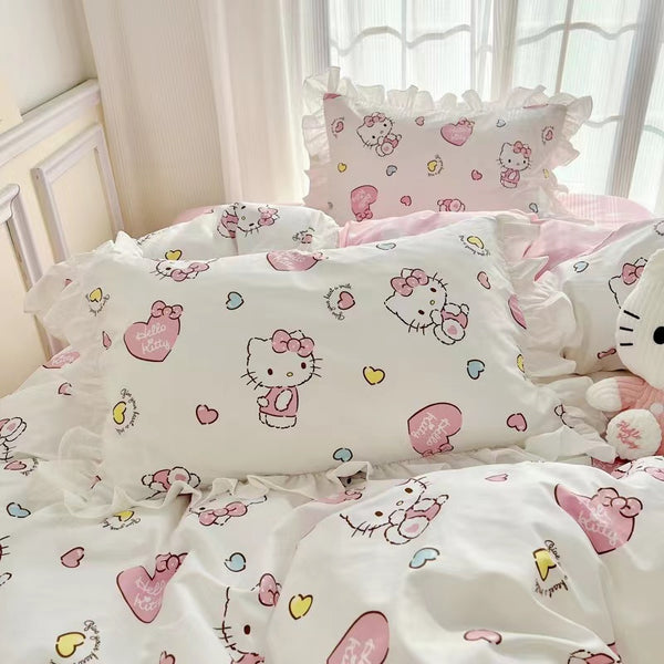 Hello Kitty Inspired Pink Polka-dot Ruffle Edge Cotton Bedding Duvet Cover Set Single Twin Queen Size