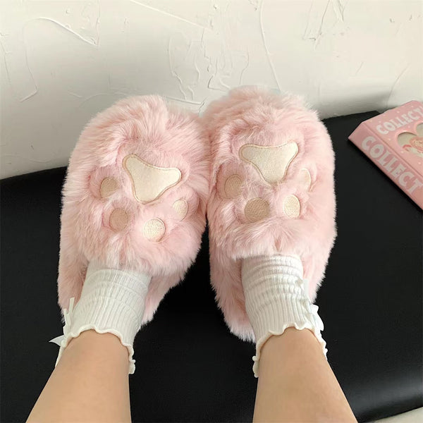 Kawaii Cute Cat Paw Plush Slippers in Pink and Cream White