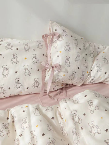 Pink Teddy Bear Pattern Aesthetic Kawaii Cute Cotton Bedding Duvet Cov –  PeachyBaby