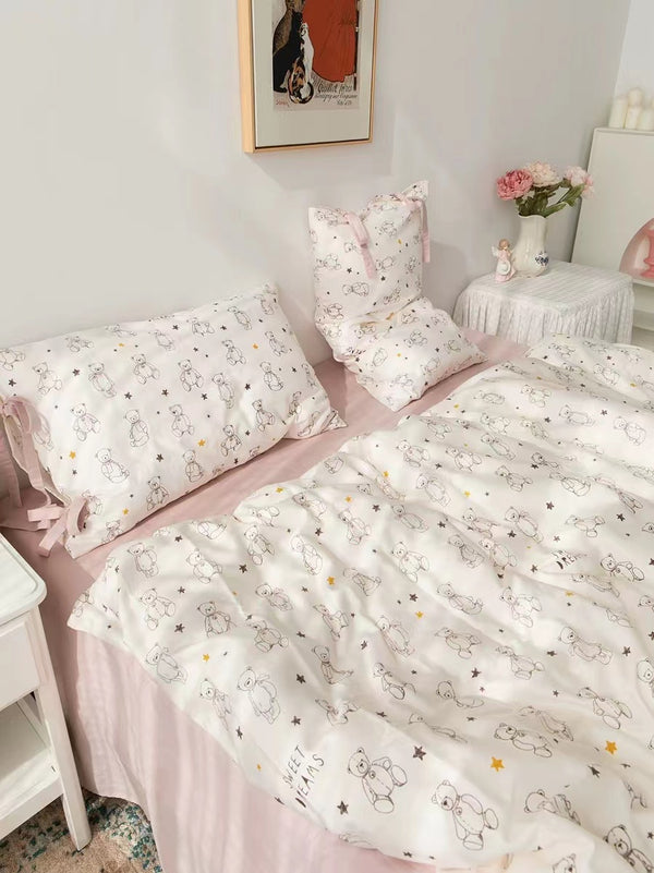 Star and Teddy Bear Pattern Soft Aesthetic Pink Cotton Bedding Duvet Cover Set