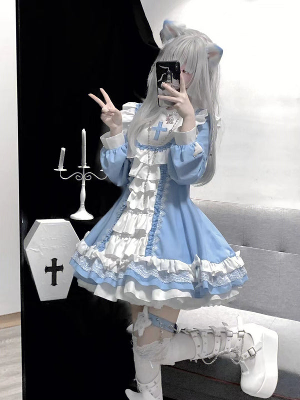 Lolita Nun Blue and White Ruffled Dress