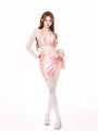 Cute Kawaii Aesthetic Pink Metallic Bikini with Tie Skirt