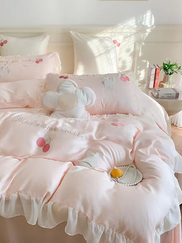 Pink Teddy Bear Pattern Aesthetic Kawaii Cute Cotton Bedding Duvet Cov –  PeachyBaby