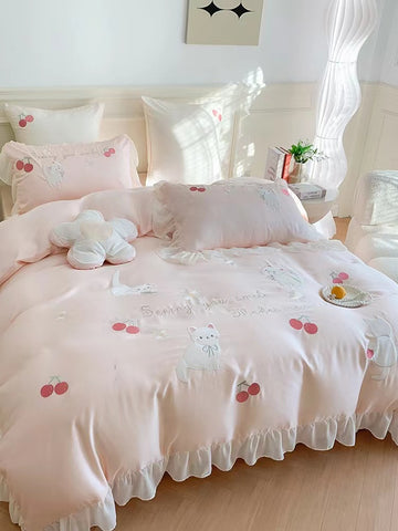 Pink Teddy Bear Pattern Aesthetic Kawaii Cute Cotton Bedding Duvet Cov –  PeachyBaby