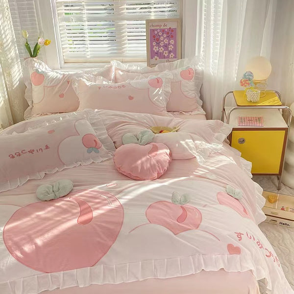 Kawaii Cute Pink Peach Cartoon Ruffle Edge Cotton Duvet Cover Set Single Twin Queen King Size