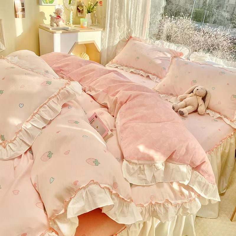 Peachy Pink and White Lace Ruffle Edge Bedding Duvet Sheet Set