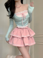 Kawaii Pastel Doll Aesthetic Mint Green Long Sleeve Top and Peachy Pink Layered Mini Skirt