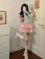 Kawaii Pastel Doll Aesthetic Mint Green Long Sleeve Top and Peachy Pink Layered Mini Skirt