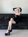 Dolly Aesthetic Black Velvet Bodycon Little Black Dress with Pink Bows