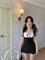Kawaii Cute Dolly Aesthetic Black and White Strap Top and Black Mini Skirt