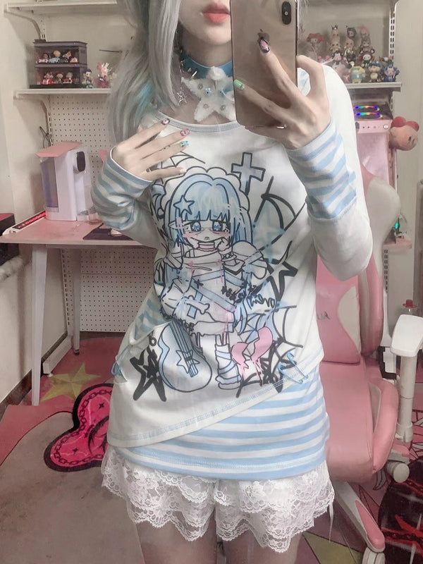 Kawaii Aesthetic Anime Girl Pastel Pink Blue Black Long Sleeve Top