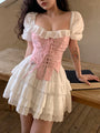 Dolly Aesthetic Pink Lace-up Corset with Zipper on the back