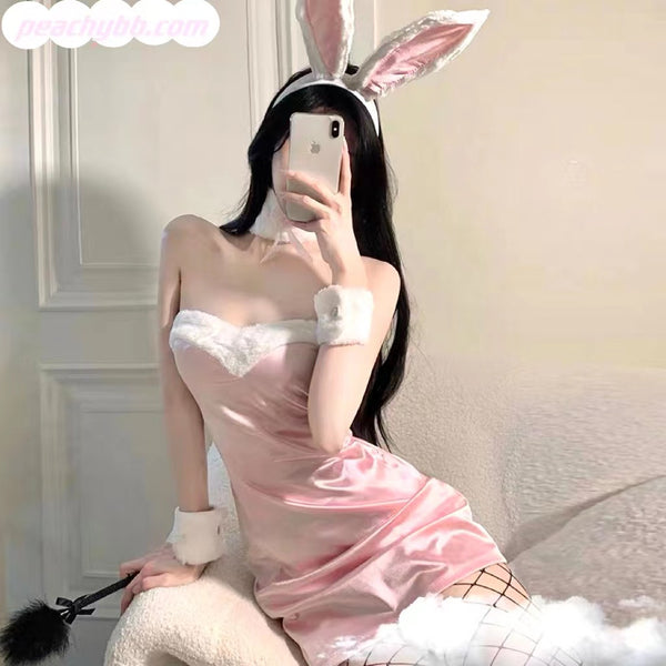 Valentine's Day Cosplay Black and Pink Bunny Girl 6 PCs Costume Set