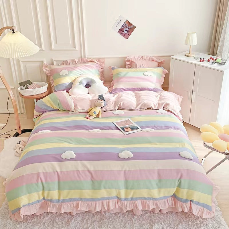 Aesthetic Pink Floral Ruffle Edge Cotton Bedding Duvet Sheet Set Singl –  PeachyBaby