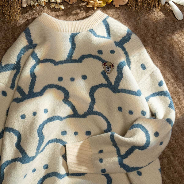 Bear Printing and Embroidery Pink Blue Grey Sweater