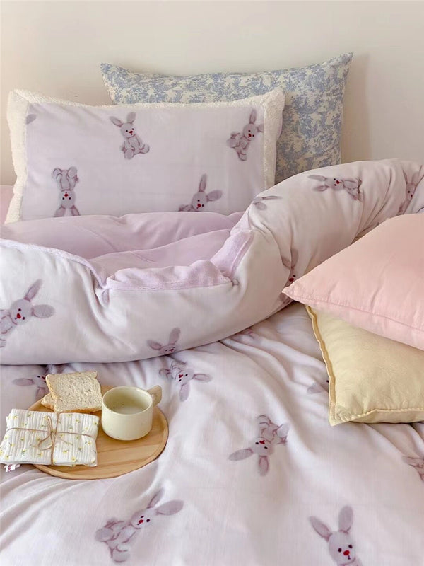 Purple Bunny Plush Edge Fleece Bedding Duvet Sheet Set Queen King Size