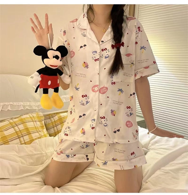 Hello Kitty Inspired White Button Front T-shirt and Shorts 2 PCs Pajama Set